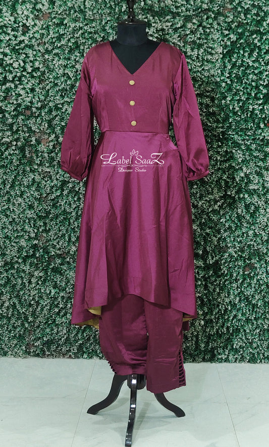 Purple Baloon Sleeve Kurta with Pant Set and Dupatta 