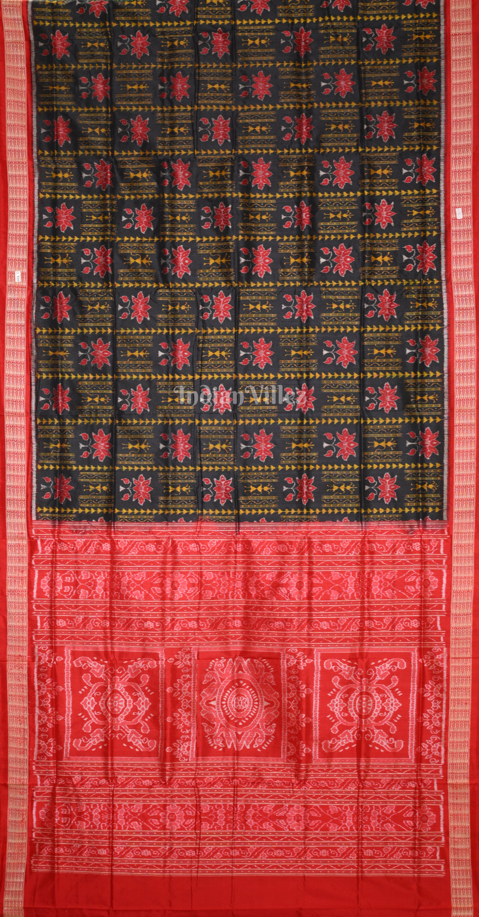 Black Red Tribal Lotus Motif Odisha Ikat Sambalpuri Silk Saree 