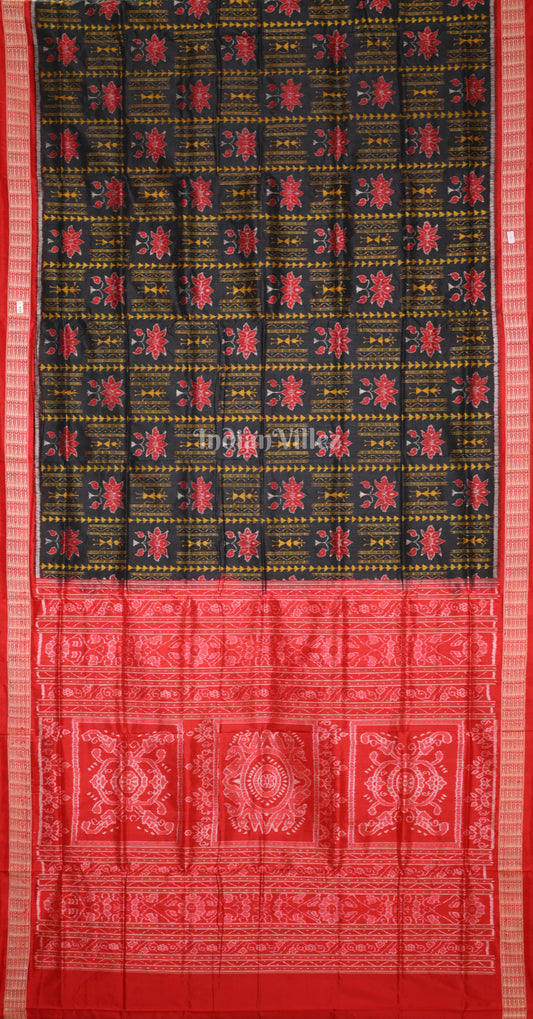 Black Red Tribal Lotus Motif Odisha Ikat Sambalpuri Silk Saree 