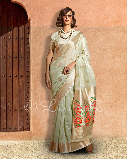 Kiwi Green Kora Tissue Handloom Saree With Paithani Pallu