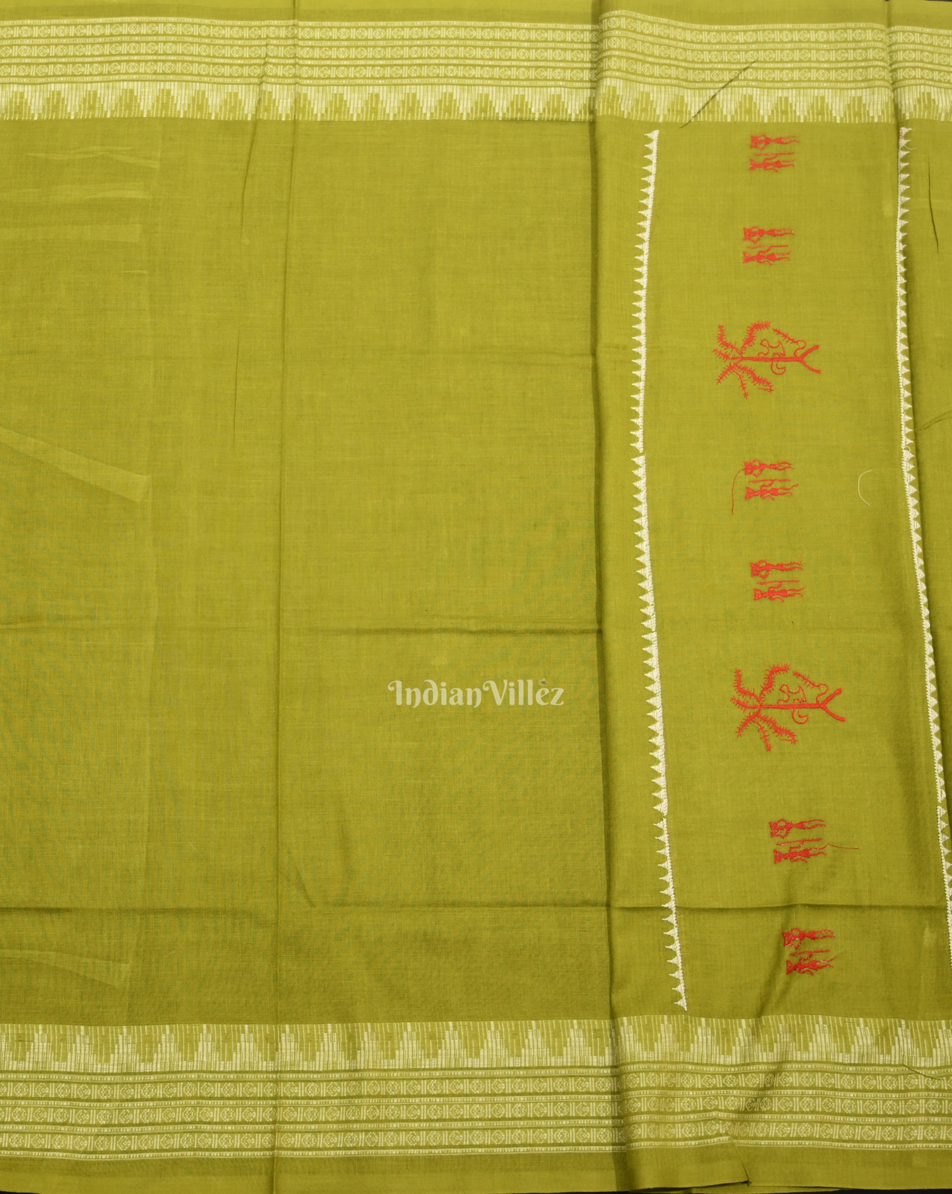 Red Parrot green Tribal Design Sambalpuri Cotton Dress set with Dupatta 