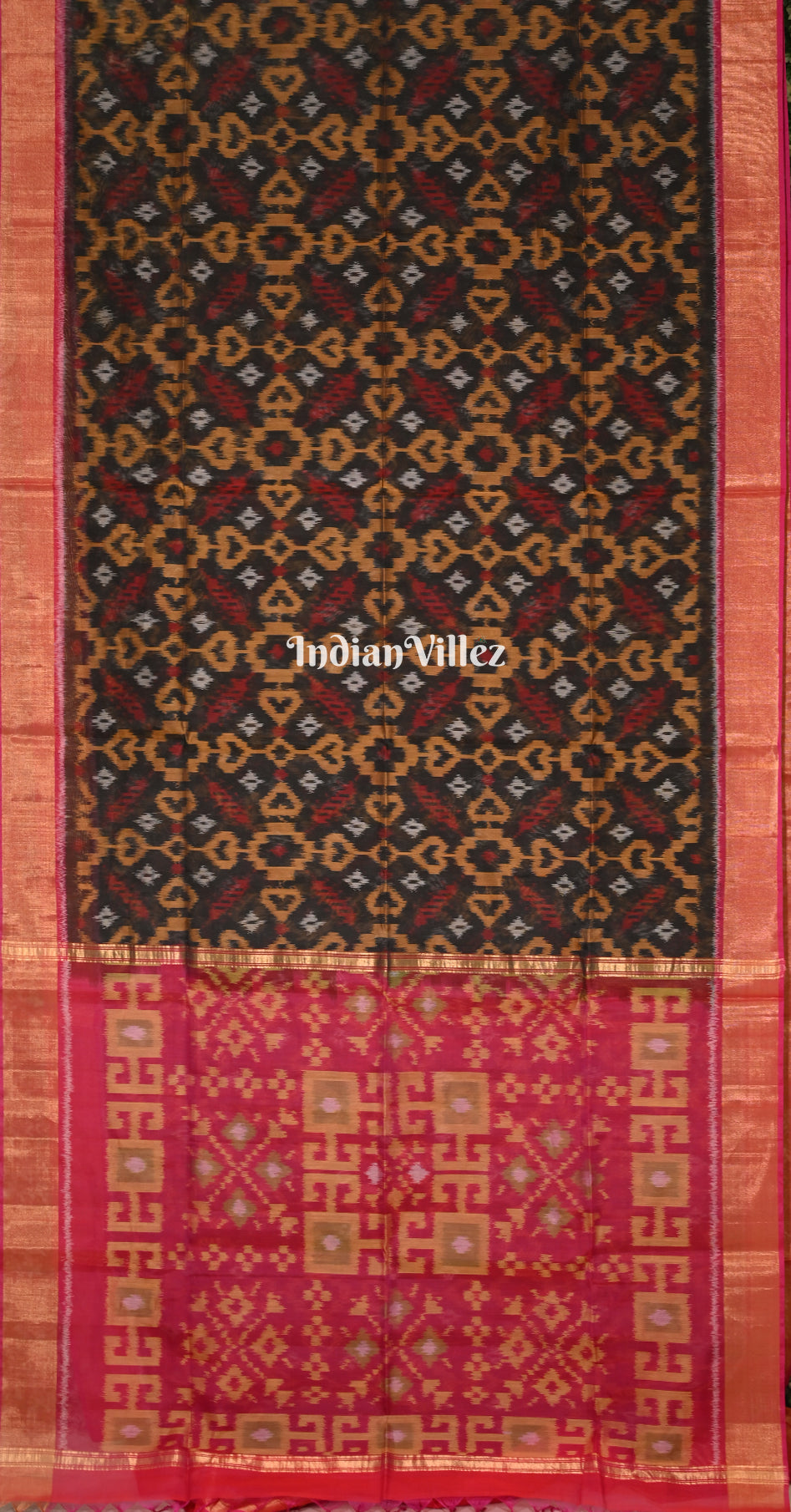 Black Rani Pink Pochampally Ikat Silk Cotton (Sico) Saree 