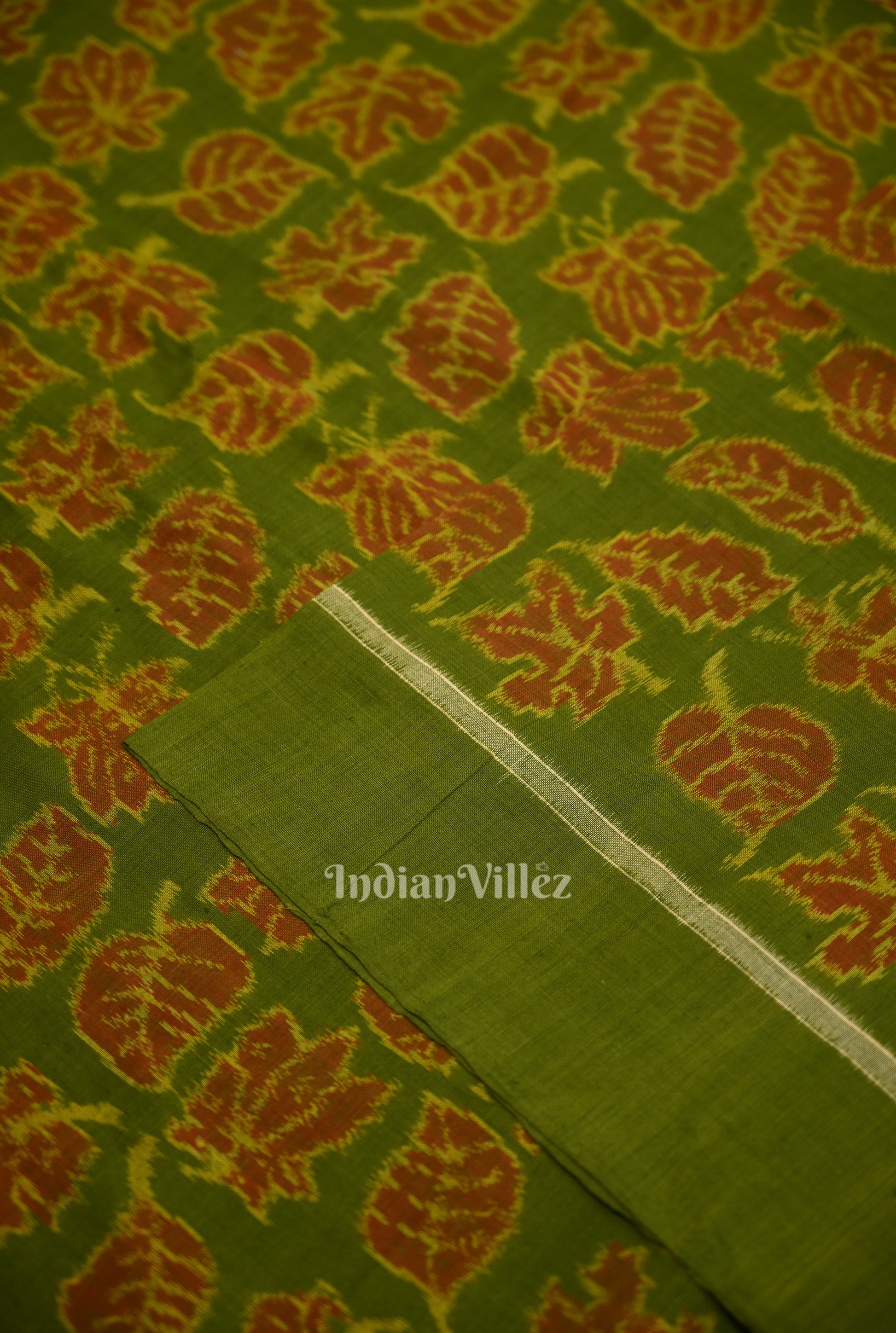 Green Autumn Leaves Motif Sambalpuri Ikat Cotton Fabric 