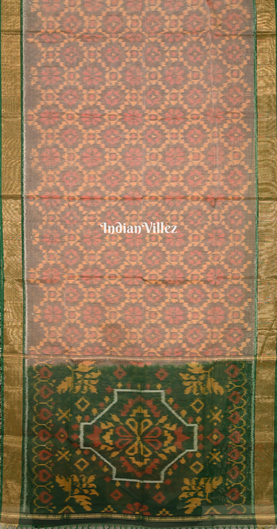 Peach Green  Pochampally Ikat Silk Cotton (Sico) Saree