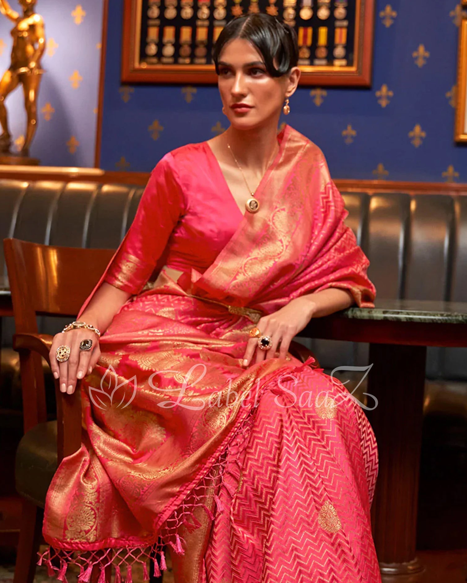Carrot Pure Satin Kanjivaram Silk Saree with Brocade Work