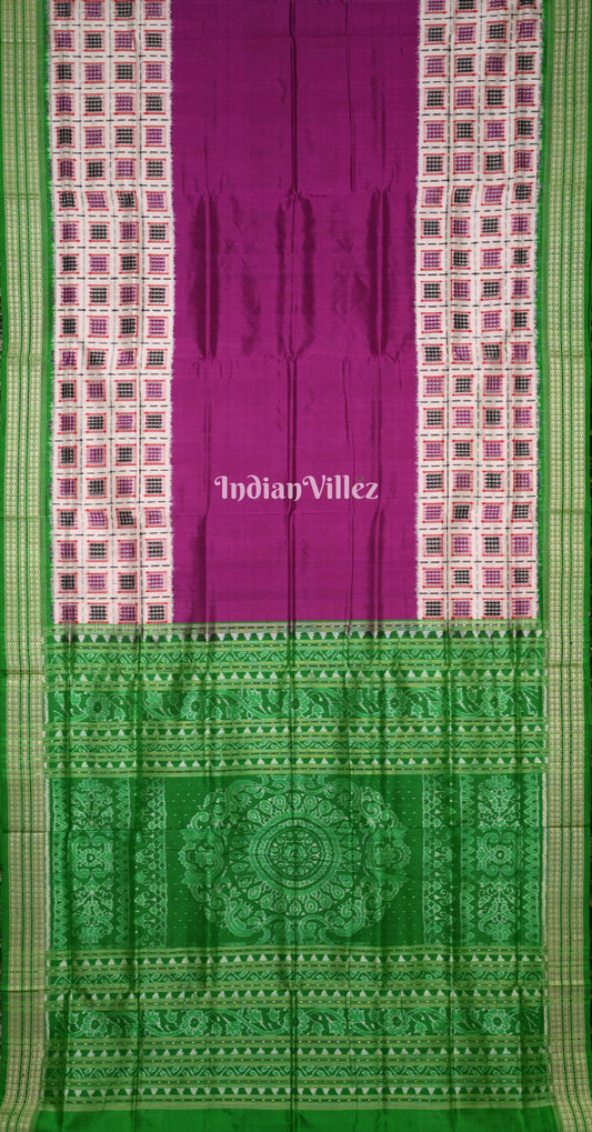 White Magenta Pink Green Ashwini Odisha Ikat Sambalpuri Silk Saree 
