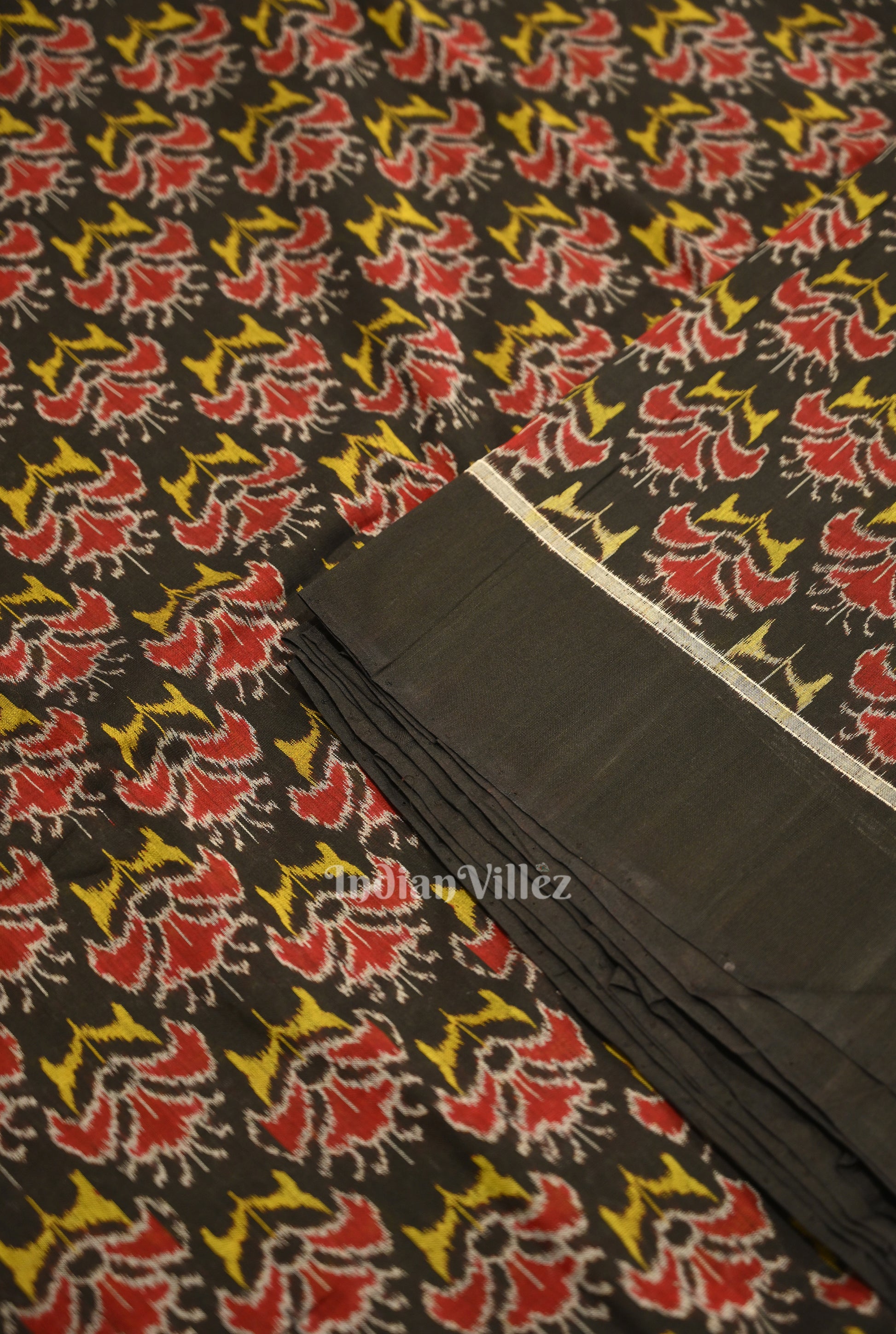 Black Floral Motif Sambalpuri Ikat Cotton Fabric