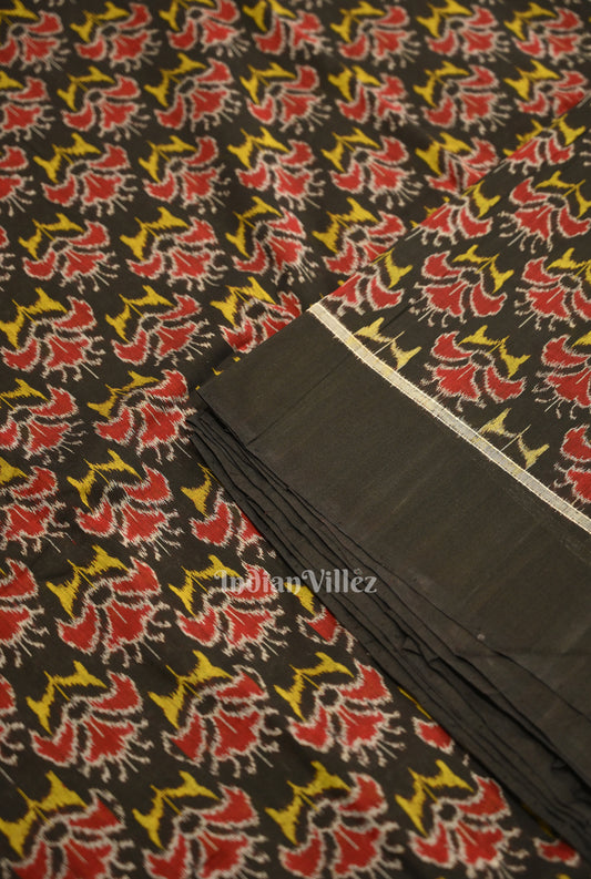 Black Floral Motif Sambalpuri Ikat Cotton Fabric