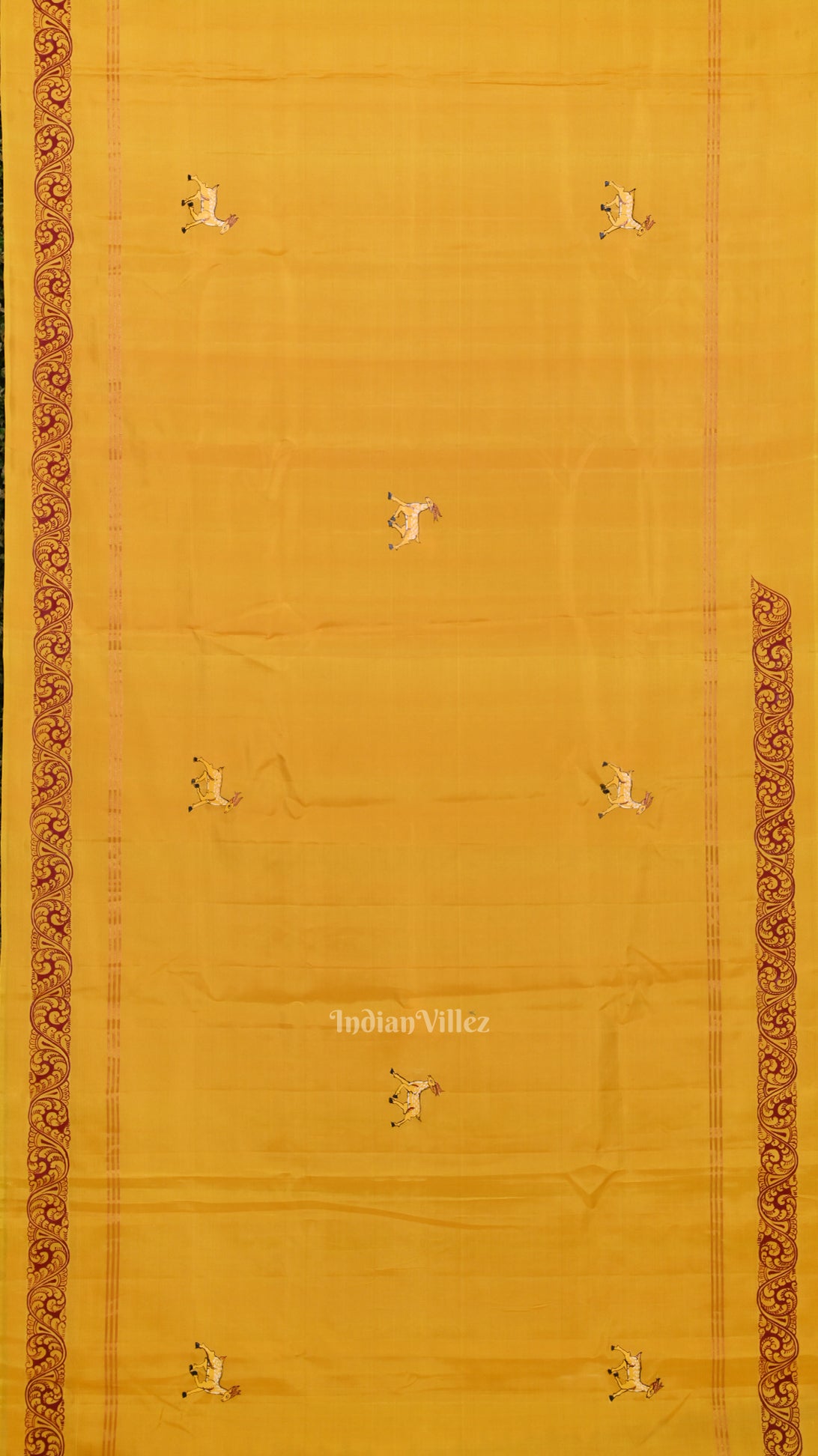 Yellow Violet Ramayan Theme Hand-Painted Pattachitra Saree 