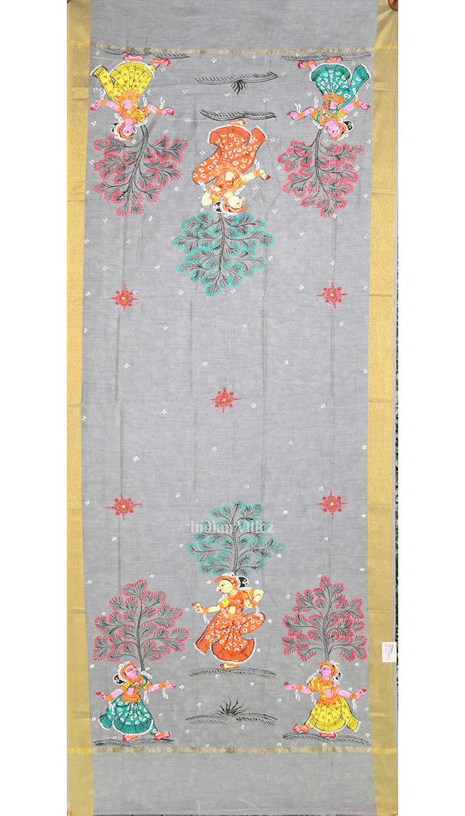 Cement Grey Nartaki Hand-Painted Pattachitra Chanderi Dupatta