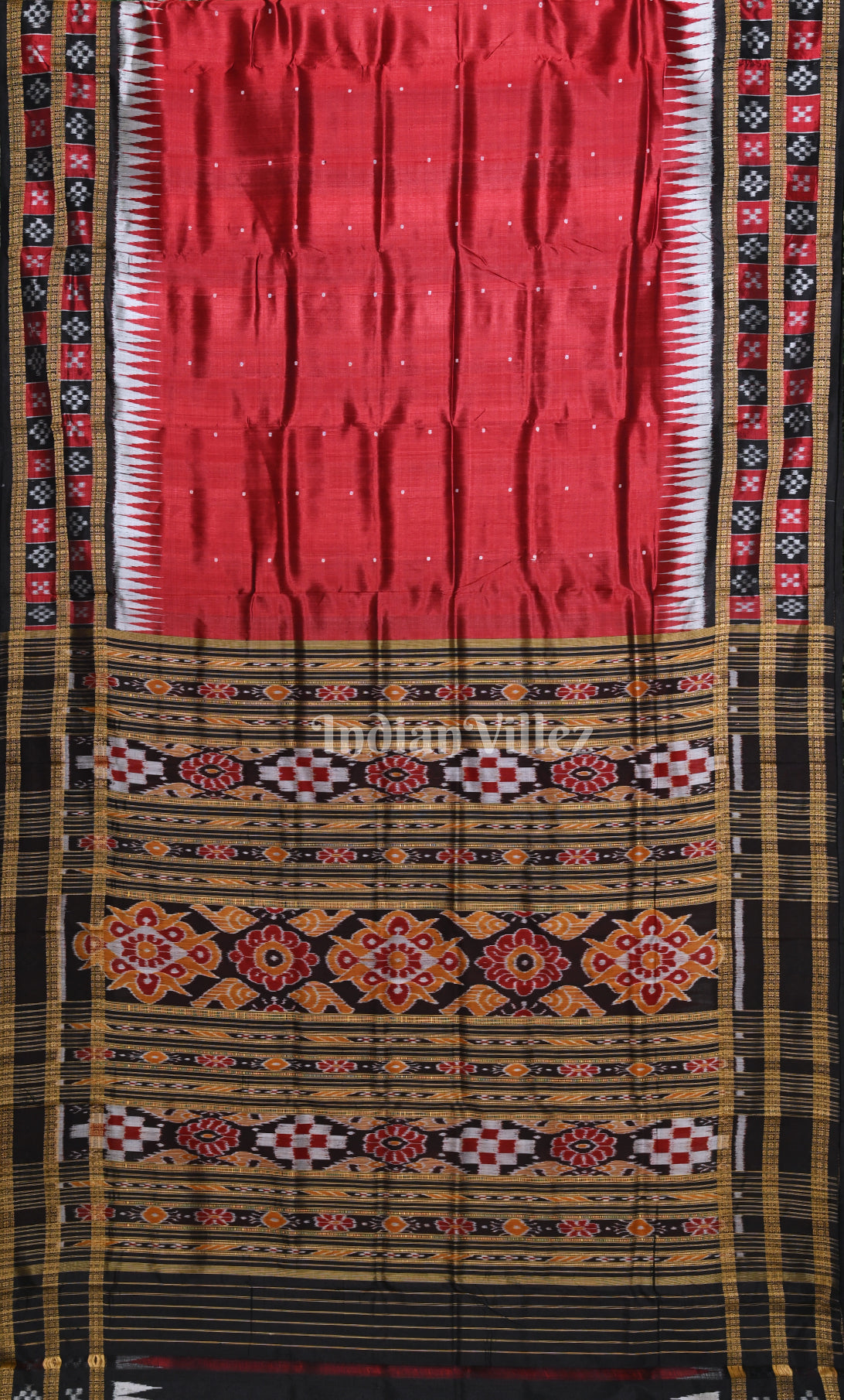 Black Red Buti Design Odisha Ikat Khandua Silk Saree with Double Pasapali Border