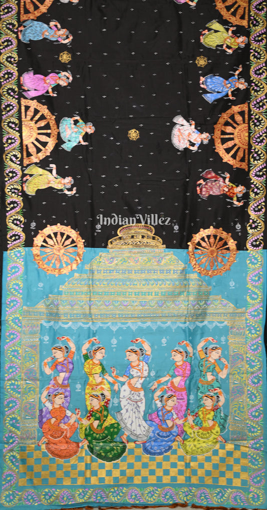 Black Sky Blue Nartaki Konark Temple Hand-Painted Pattachitra Saree 