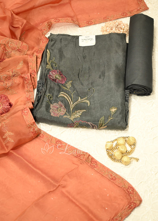 Grey Orange Banarasi Unstitched Salwar Suit 