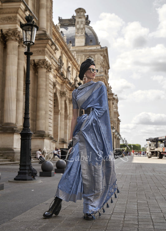 Allure Blue Handwoven Satin Silk Banarasi Saree With Brocade Blouse