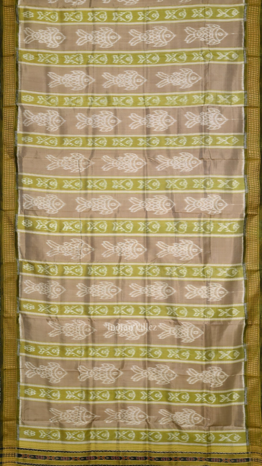 Pastel Olive Green Fish Theme Odisha Handloom Khandua Silk Saree 