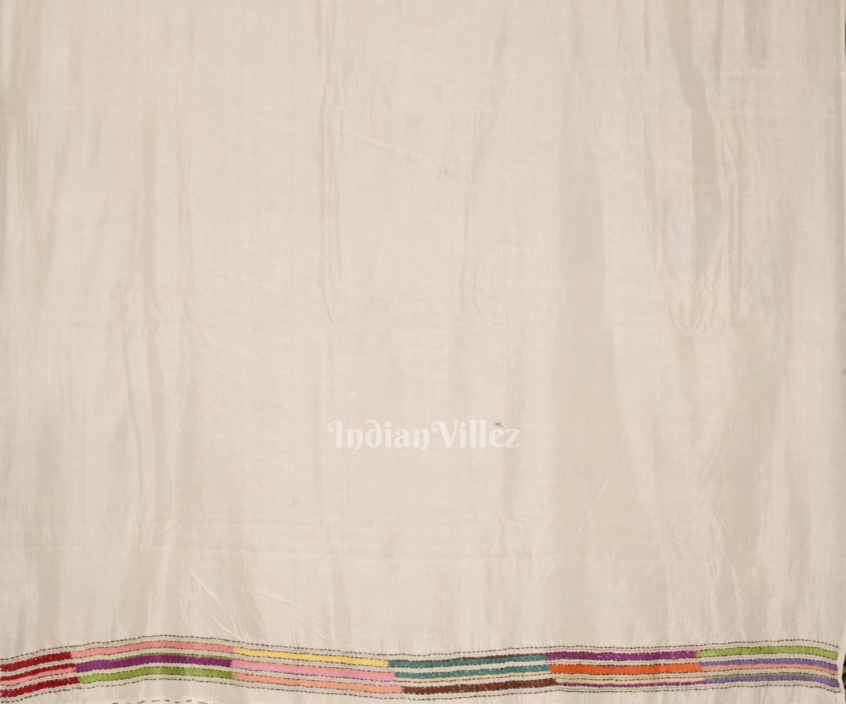 White Handwoven Kantha Stitch Silk Saree 