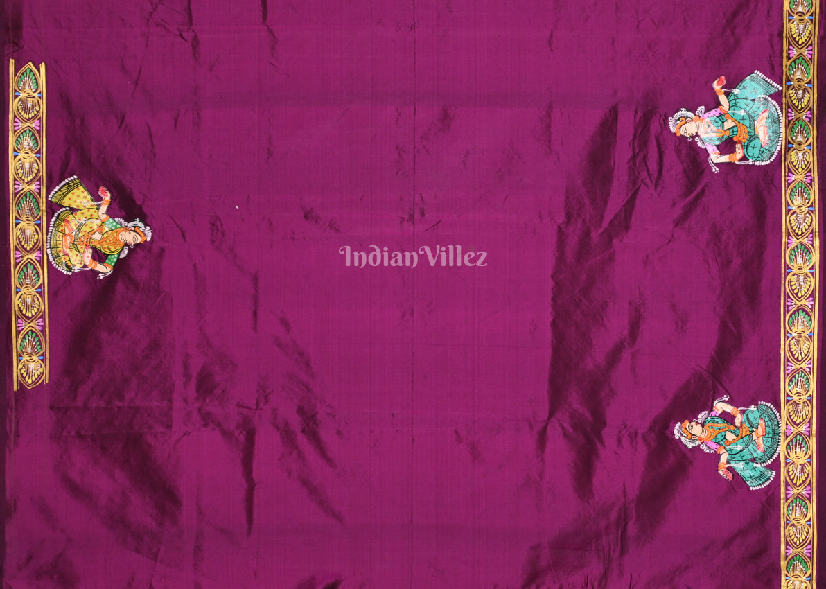 Purple Wine  Ramayan Theme Hand-Painted Pattachitra Saree 