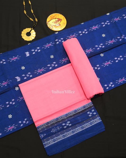Blue Baby Pink Flower Buti Odisha Ikat  Sambalpuri Dress Set & Dupatta