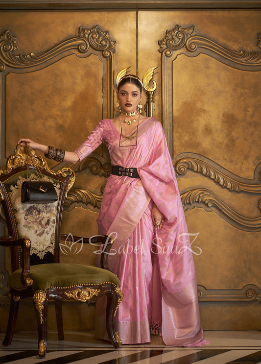 Lemonade Pink Zari Handwoven Banarasi Satin Silk Saree