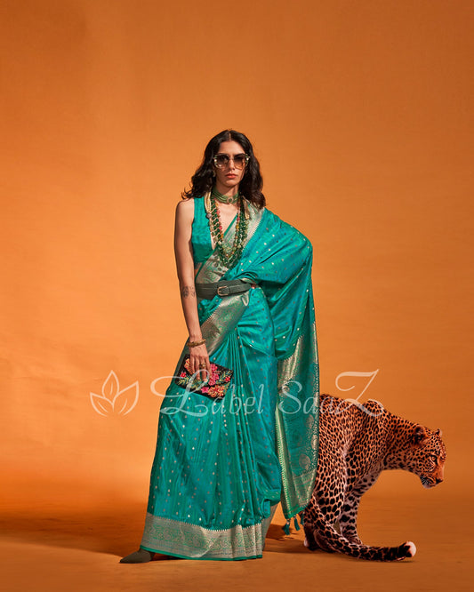 Ocean Blue Handwoven Zari Satin Silk Banarasi Saree