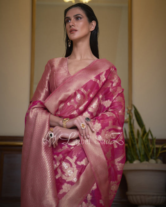 Pink Dual Tone Handloom Weaving Organza Saree With Blouse Piece