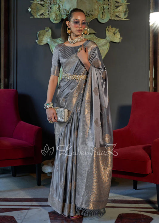 Grey Nylon Pure Handwoven Satin Silk Banarasi Saree