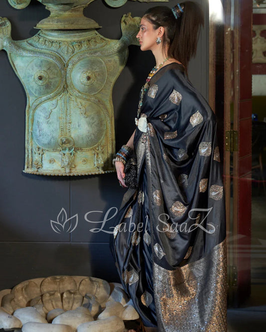 Black Nylon Pure Handwoven Satin Silk Banarasi Saree