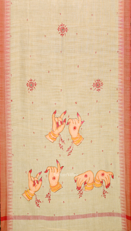 Cream Red Mudra Theme Hand-Painted Tussar Pattachitra Dupatta