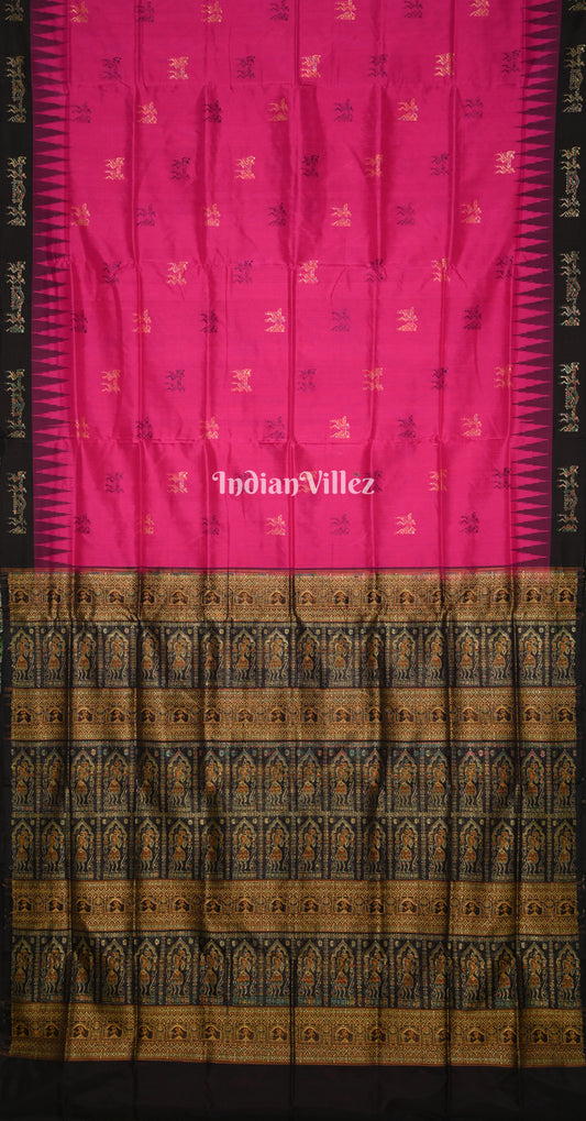 Rani Pink Black Tribal Doli Sawari Bomkai Silk Saree