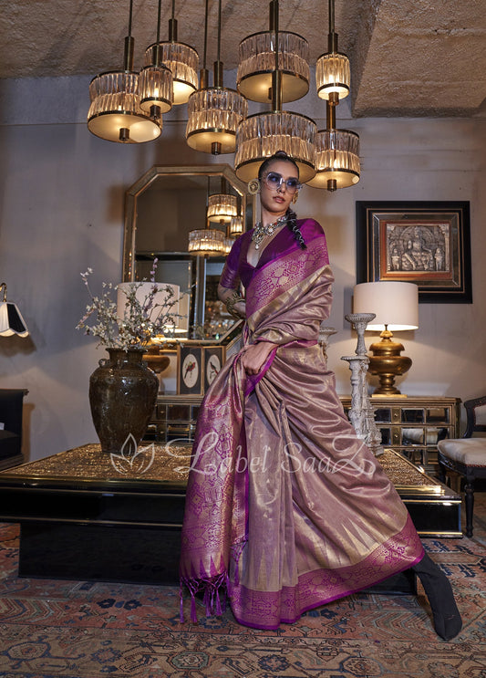 Pink Zari Tissue Handloom Weaving Saree