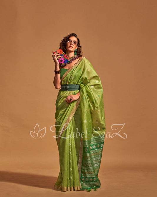 Green Handwoven Tussar Banarasi Saree With Emboridery on Pallu