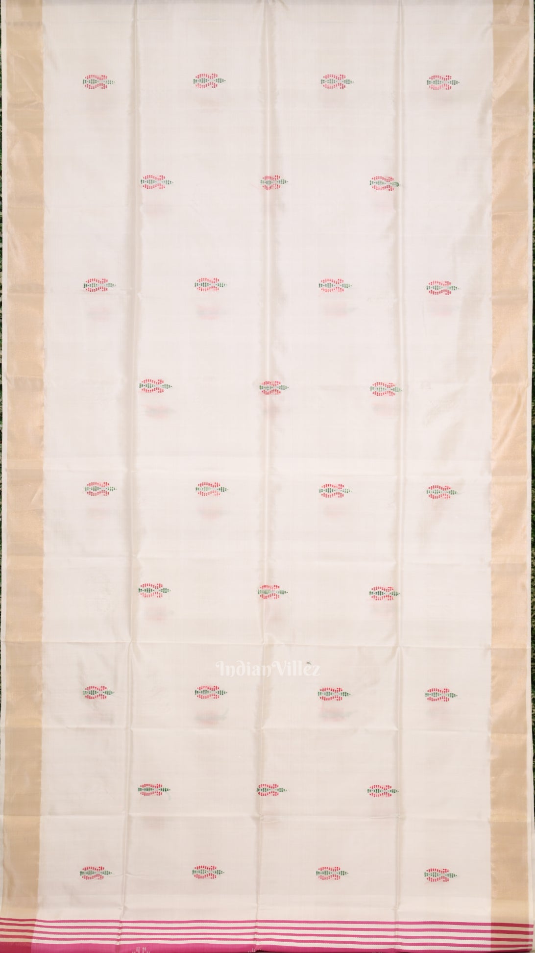 White Pink Pure Bishnupuri Silk Saree 