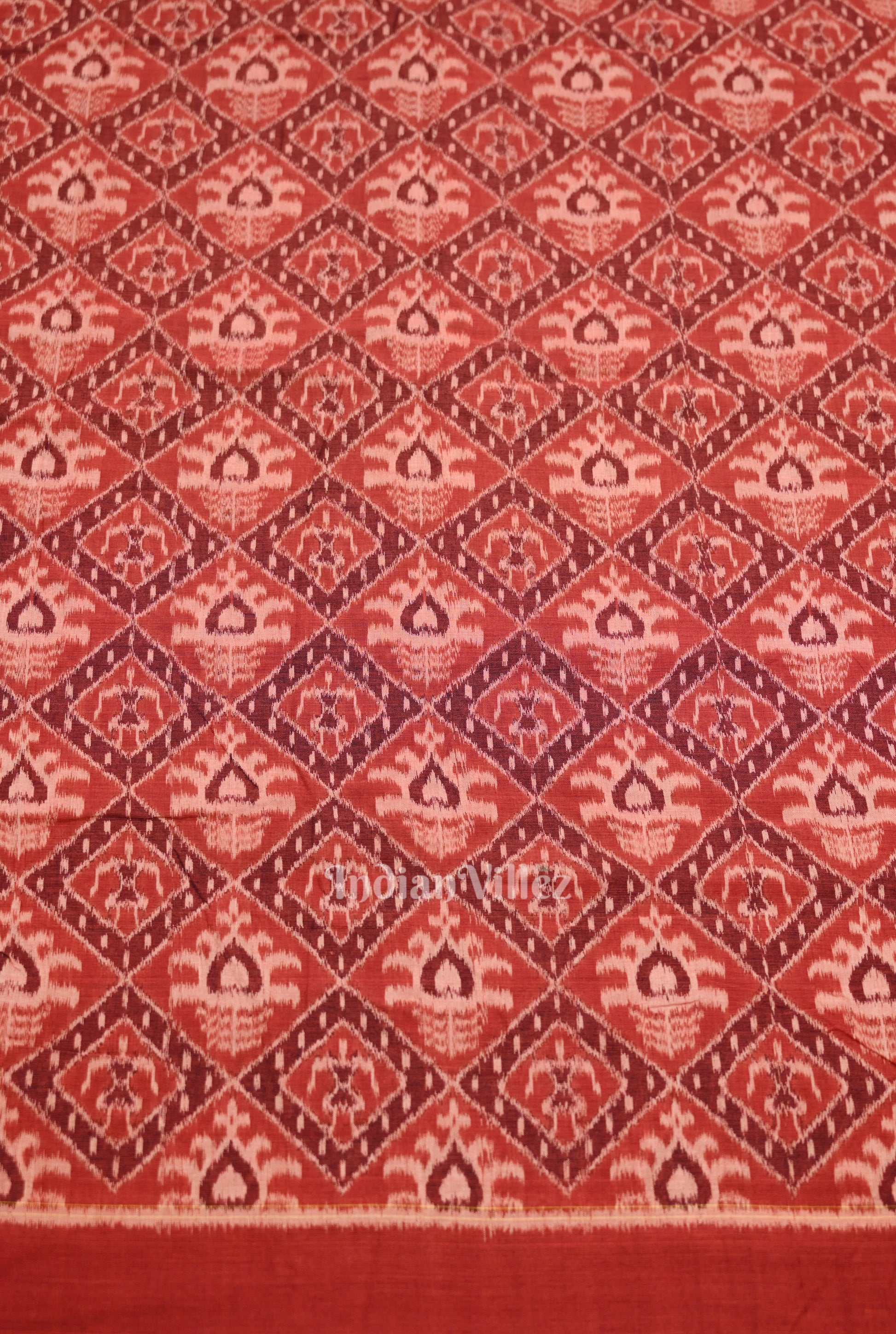 Brick Red Tribal Theme Sambalpuri Odisha Ikat Cotton Fabric 