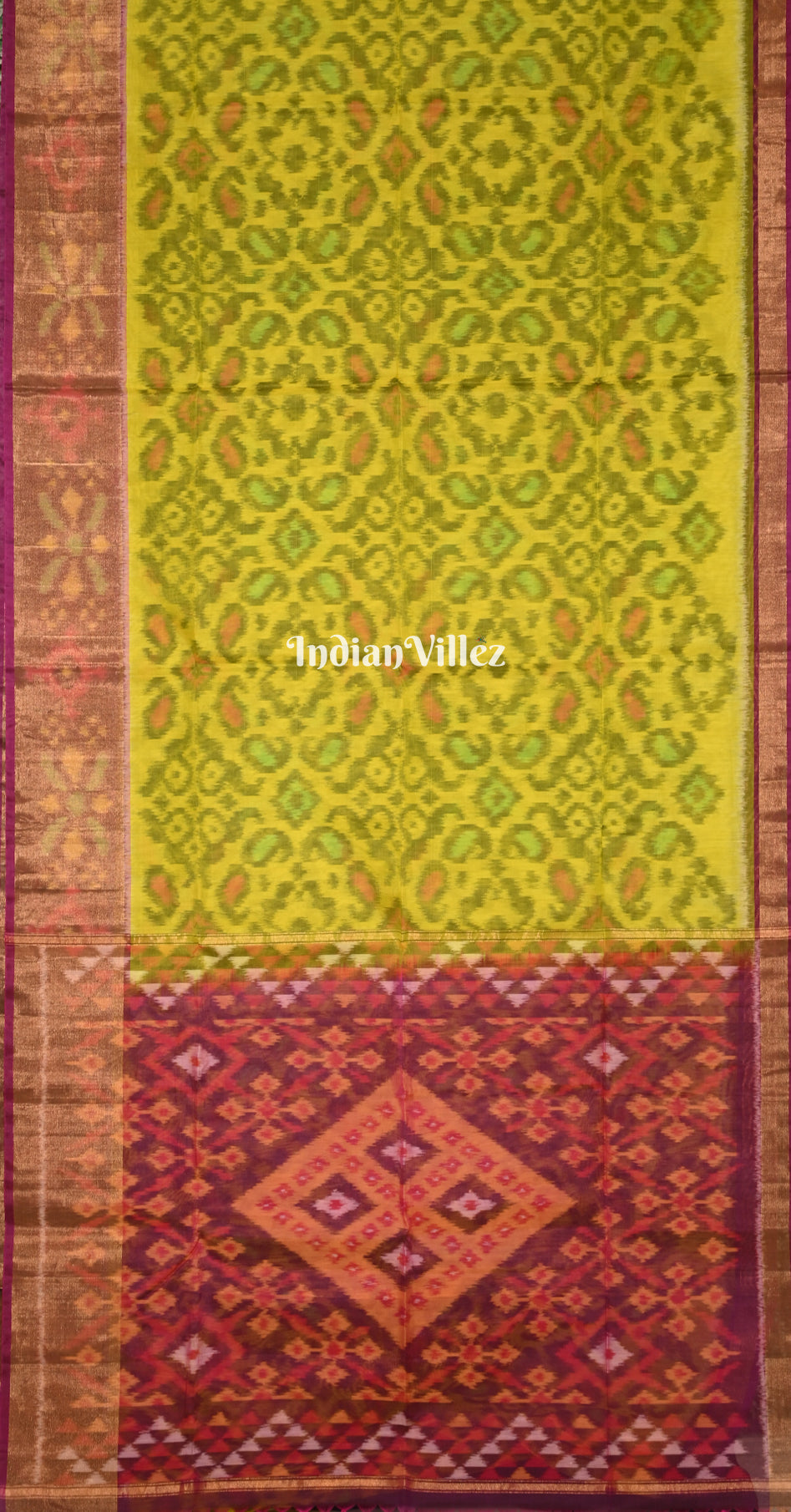 Parrot Green Maroon Pochampally Ikat Silk Cotton (Sico) Saree 