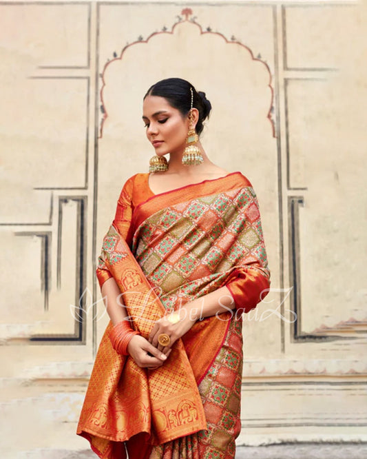 Orange Printed Multi Color Pure Brocade Tissue Kanjivaram Saree