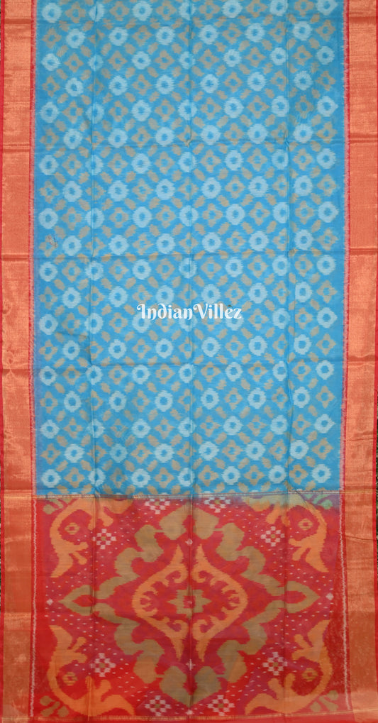 Sky Blue Red Pochampally Ikat Silk Cotton (Sico) Saree 