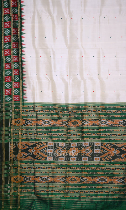 White Green Pasapali Border Odisha Ikat Khandua Silk Saree 