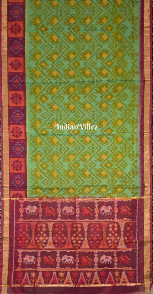Parrot Green Red Pochampally Ikat Silk Cotton (Sico) Saree 