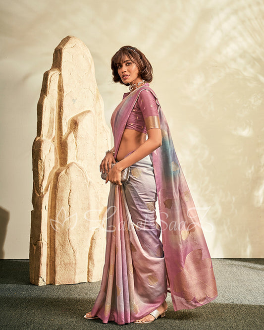 Beige Shaded Floral Linen Saree with Zari work