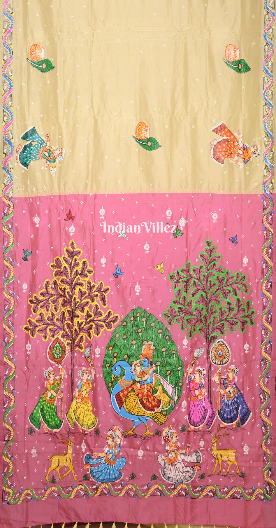 Pink Golden (Mayur) & Nartaki Theme Dual Tone Hand-Painted Pattachitra Saree 