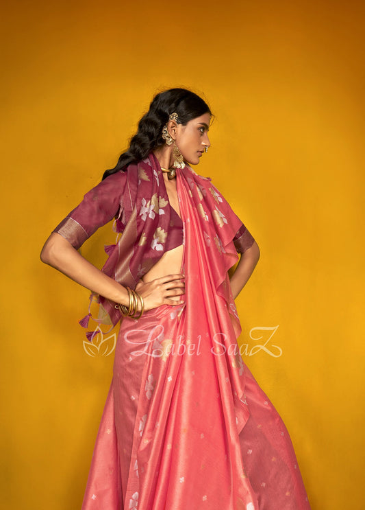 Peach Lotus Handloom Weaving Silk Saree 