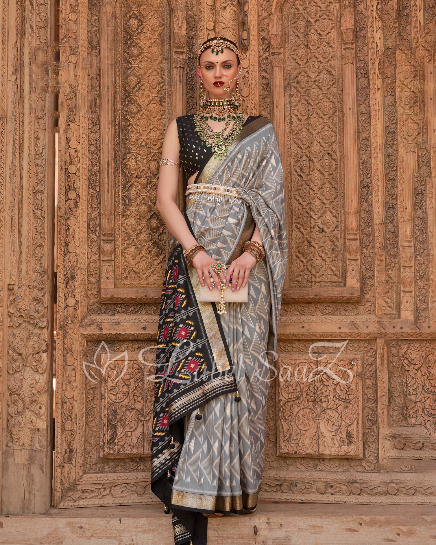Grey with Black Patola Inspired Pochampally South Silk Saree