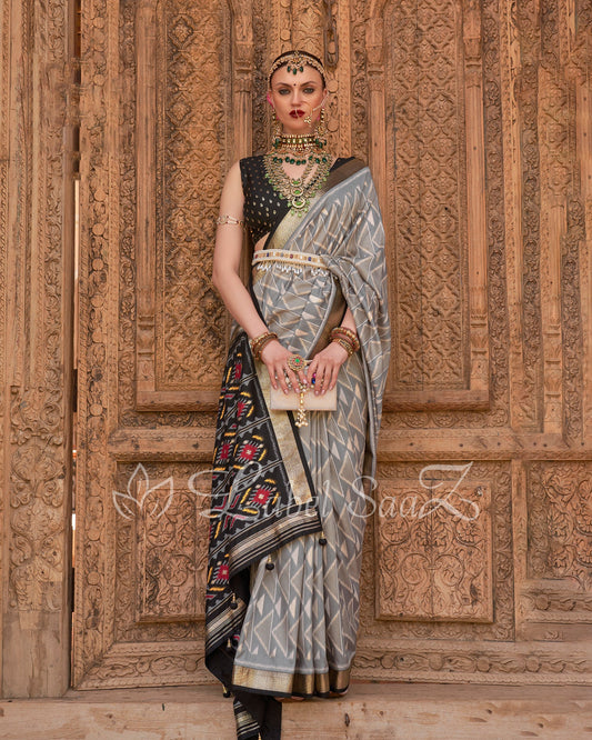Grey with Black Patola Inspired Pochampally South Silk Saree