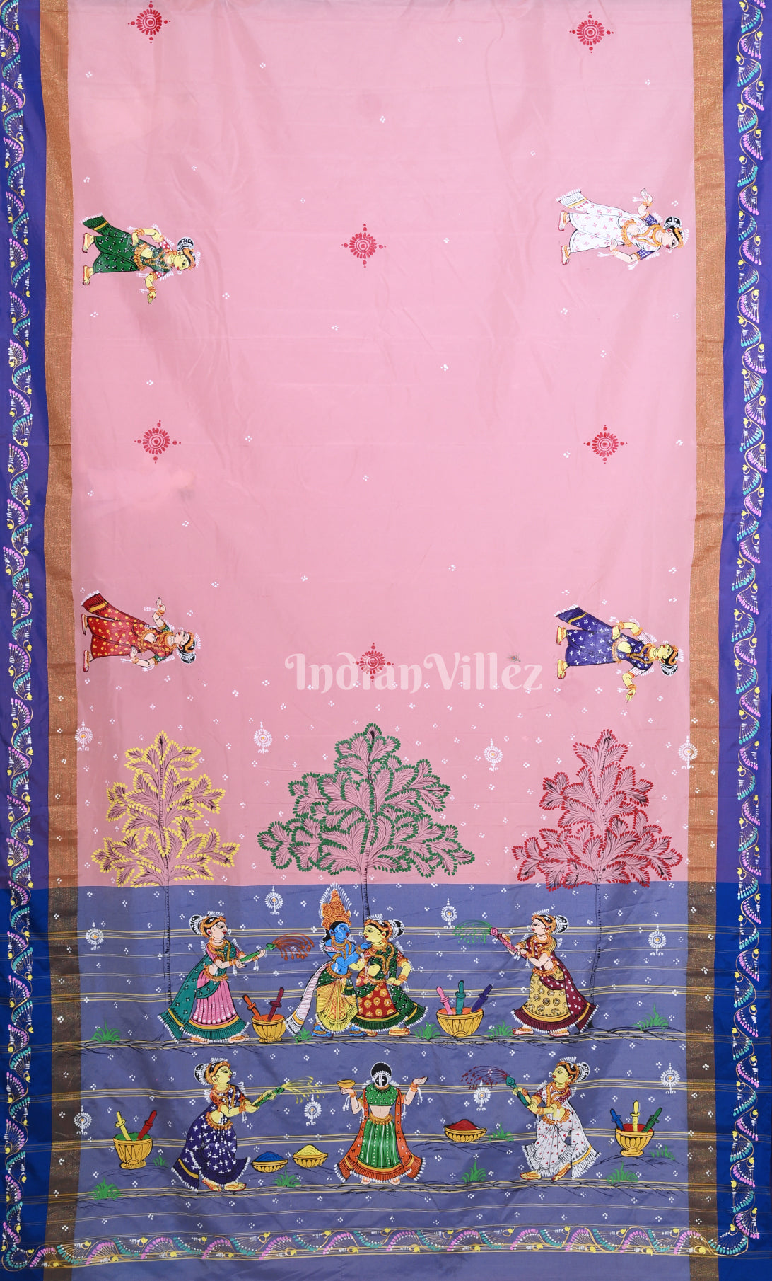 Peach Pink Blue Krishna Rasa Leela Hand-Painted Pattachitra Saree 