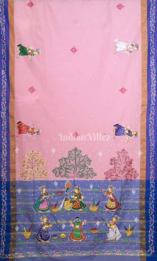 Peach Pink Blue Krishna Rasa Leela Hand-Painted Pattachitra Saree 