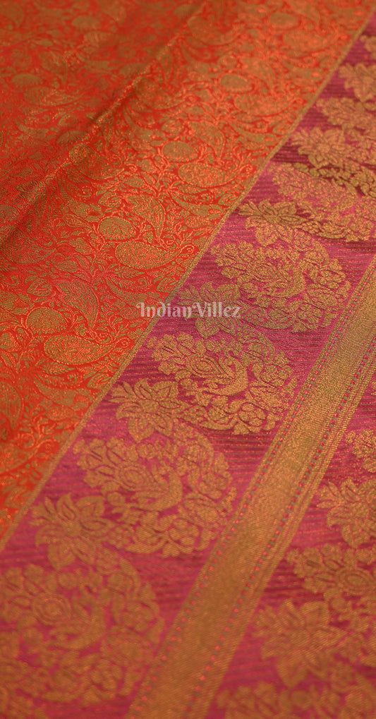 Red Magenta Pink Floral Design Kanjivaram Silk Saree with Brocade Work 