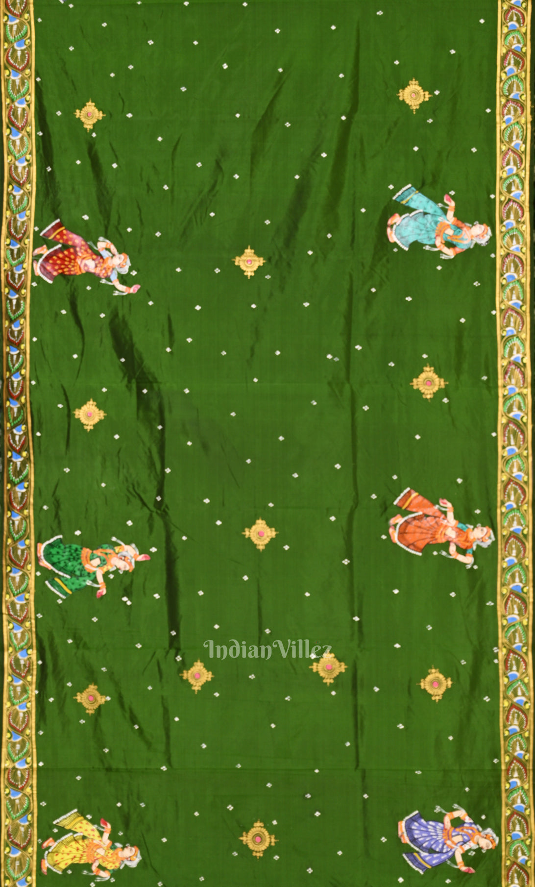 Green Giri Govardhan Hand-Painted Pattachitra Saree