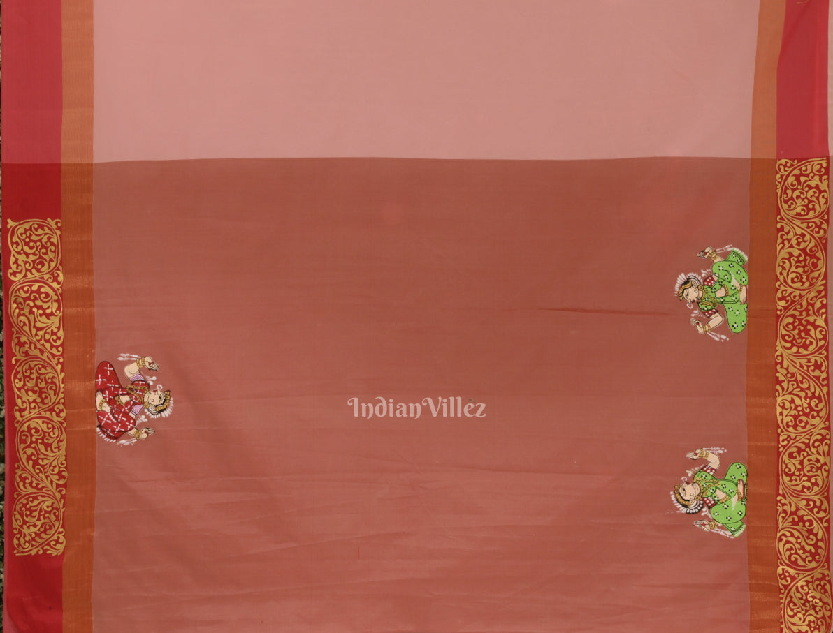 Baby Pink Krishna Raasleela Theme Hand-Painted Pattachitra Saree 