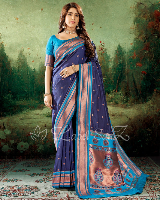 Navy Blue Woven Zari Paithani Silk Saree
