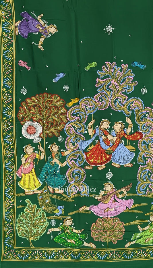 Green Raja Doli Theme Hand-Painted Pattachitra Saree